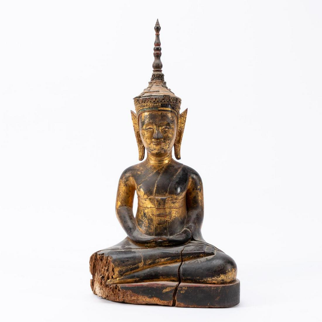 SOUTHEAST ASIAN GILTWOOD CROWNED BUDDHA SCULPTURE (1 of 6)