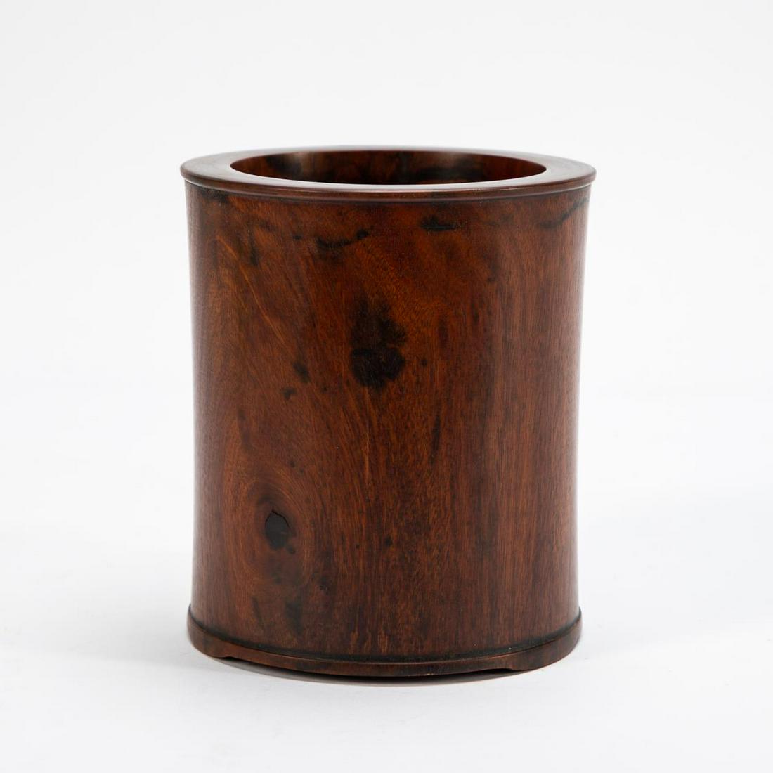 CHINESE CARVED HARD WOOD BRUSH POT: Chinese. Carved hardwood circular form brush pot. Unmarked. Approx. h. 6", diam. 5.25".