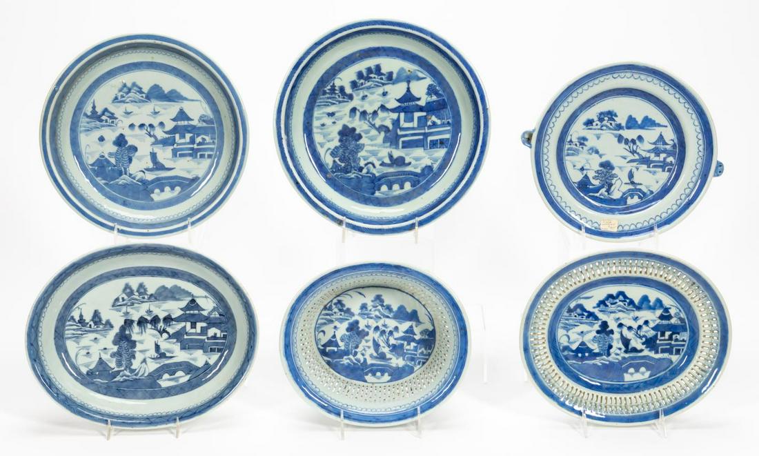6PC CANTON BLUE AND WHITE PORCELAIN SERVING PIECES (1 of 2)