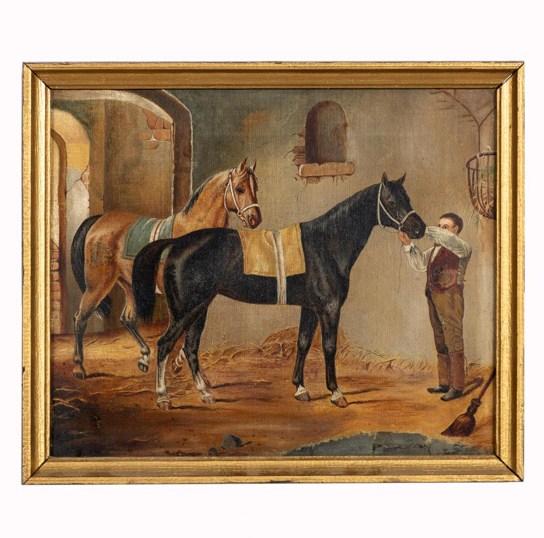 EQUESTRIAN PAINTING, HORSES & GROOM, OIL ON CANVAS (1 of 3)