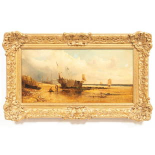 BRITISH SCHOOL, COASTAL SCENE, OIL ON CANVAS: W. Wall (Irish/British, 19th century) possibly William Guy Wall (Irish, 1792-1864). "Coastal Scene", oil on canvas. Signed "W. Wall" lower left. Approx. 12" x 20" (frame), 8" x 16" (canvas)