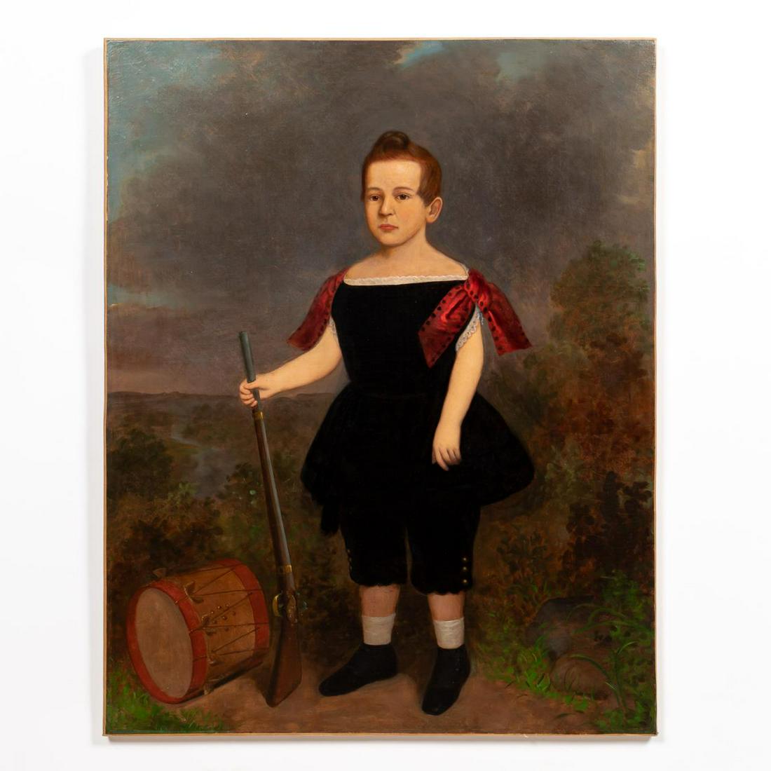 PORTRAIT OF CHILD WITH RIFLE & DRUM, OIL ON CANVAS: American school (19th century). "Portrait of Child with Rifle and Drum", oil on canvas. Apparently unsigned. Provenance: From the Lifetime Collection of Billy S. Arant, Jr., Chattanooga, TN. Approx. 4