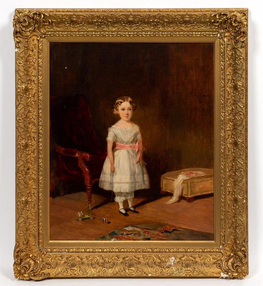 ENGLISH SCHOOL PORTRAIT, LITTLE GIRL WITH HER TOYS: British school, 19th century. "Portrait of Kate Robbins", -1855, oil on canvas. Apparently unsigned, titled and dated on stretcher, "Charles Roberson, London" canvas stamp. Period giltwood frame. Prov