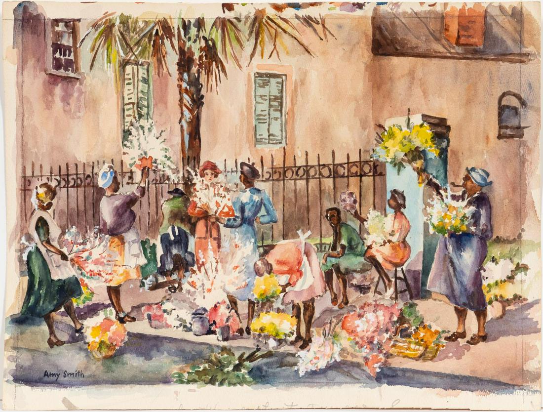 AMY SMITH, CHARLESTON FLOWER VENDORS, WATERCOLOR: Amy Smith (American, 20th c). "Flower Sellers, Charleston S.C.", watercolor on paper. Signed lower left. Provenance: From the Lifetime Collection of Billy S. Arant, Jr., Chattanooga, TN. Approx. 17" x