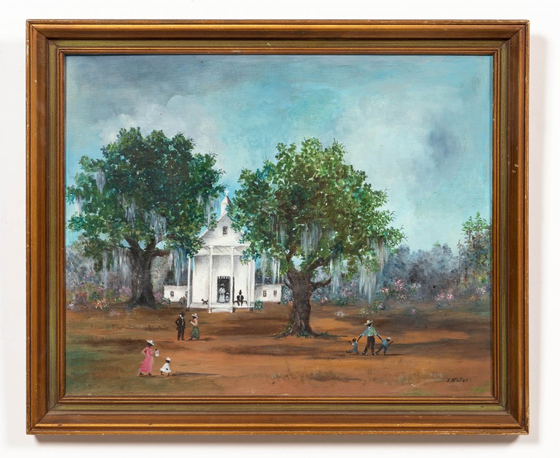 EMMIE MCENTIRE, LANDSCAPE WITH LIVE OAKS & CHURCH (1 of 4)
