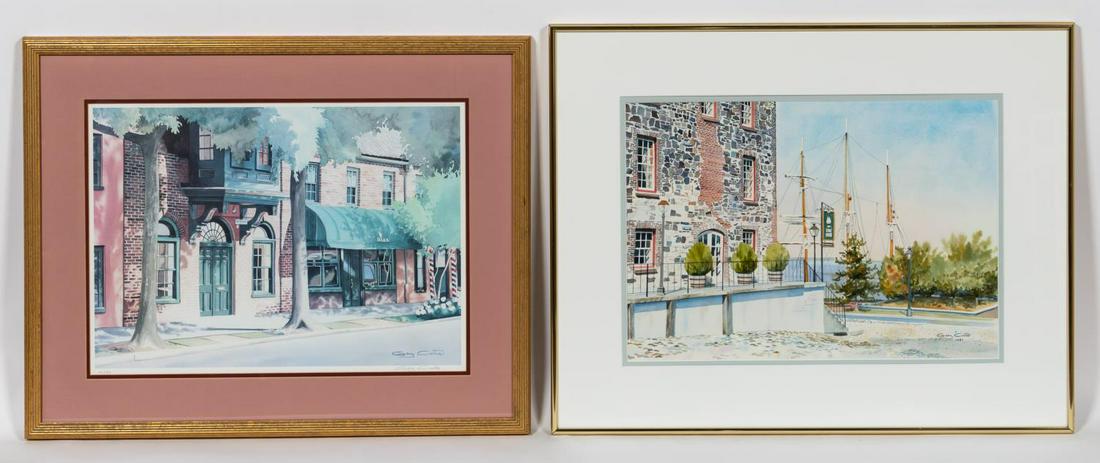 2 PCS, GARY CURTIS, SAVANNAH & CHARLESTON, FRAMED: Gary Curtis (American, 20th century). "Savannah" -1987, watercolor. Signed and dated lower right. Together with "Charleston (Coates' Row)", print. Signed in margin and numbered 42/750. Approx. 22" x 2