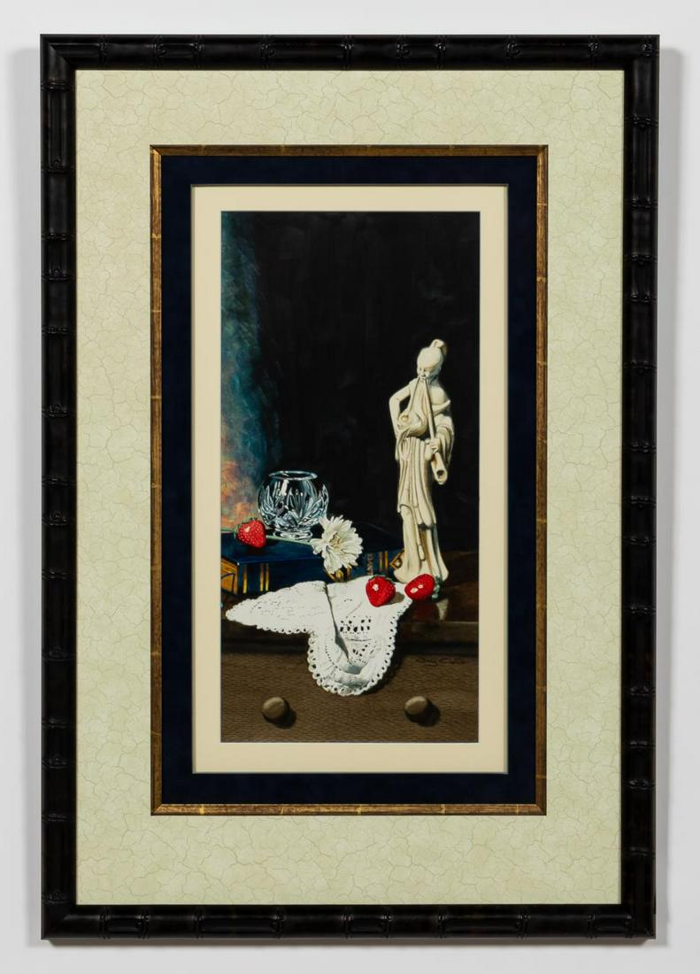 GARY CURTIS, STILL LIFE, WATERCOLOR, FRAMED: Gary Curtis (American, 20th century). "Still Life with Dante and Asian Figure", watercolor. Signed lower right. Approx. 33" x 22.5" (frame), 19.25" x 9.25" (sight)