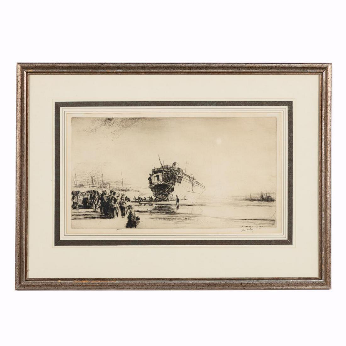JAMES MCBEY NAUTICAL WWI ETCHING, FRAMED C 1916 (1 of 4)