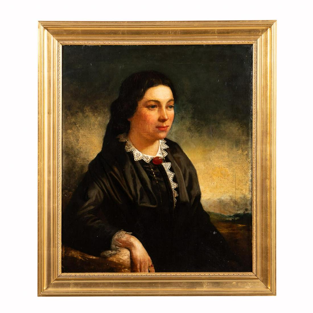 19TH C PORTRAIT OF WOMAN, OIL ON CANVAS, FRAMED: American or British school, 19th century. "Portrait of a Lady", oil on canvas. Apparently unsigned. Approx. 35.75" x 31". 30.25" x 25.25" (canvas)