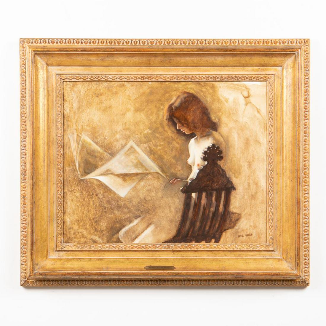 DANIEL GREENE, FEMALE NUDE OIL ON PANEL, FRAMED: Daniel Greene (American/Ohio, born 1934). "The Times", oil on panel. Signed lower right, Salmagundi Club Seley Purchase Prize label verso. Provenance: Acquired from Loring Art Gallery in Cedarhurst, N