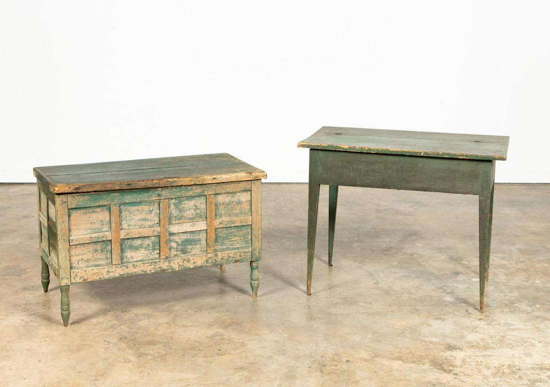19TH C. PRIMITIVE GREEN PAINTED CHEST AND TABLE (1 of 6)