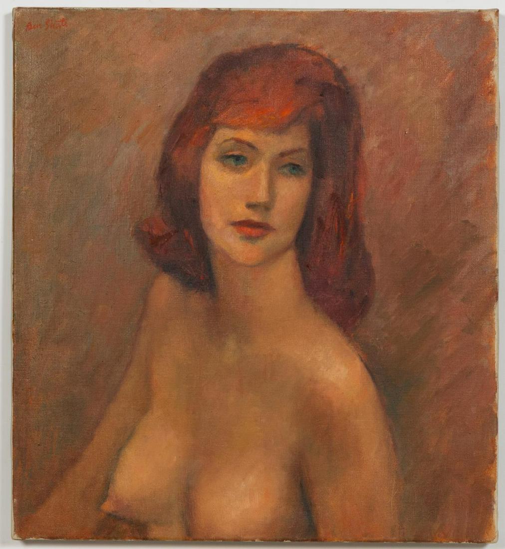 BEN SHUTE, RED HEAD FEMALE NUDE PORTRAIT, 1963: Ben Shute (American/Georgia, 1905-1986). "The Red Head" -1963, oil on canvas. Signed upper left and on stretcher, titled on plaque on frame. Approx. 30" x 26.75" (frame), 23" x 21" (canvas)