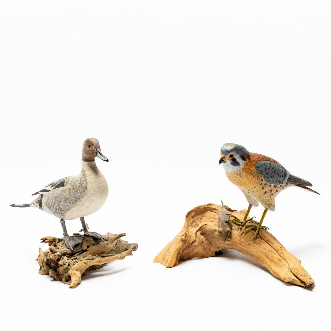 2 PCS, DUCK & FALCON CARVINGS BY JOHN SHARON (1 of 6)