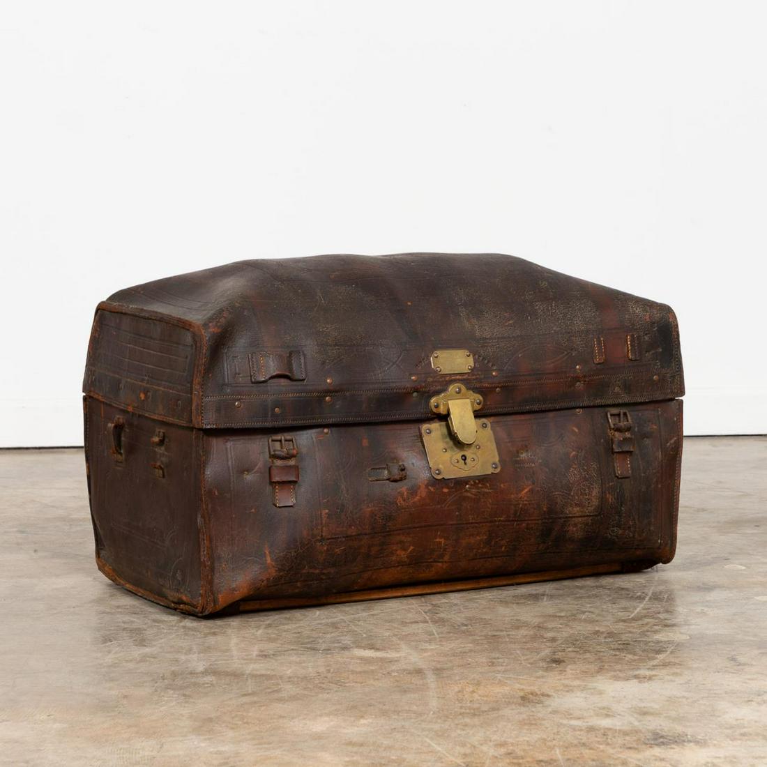 19TH C. TOOLED LEATHER TRUNK, CORNELIA PRIME (1 of 6)