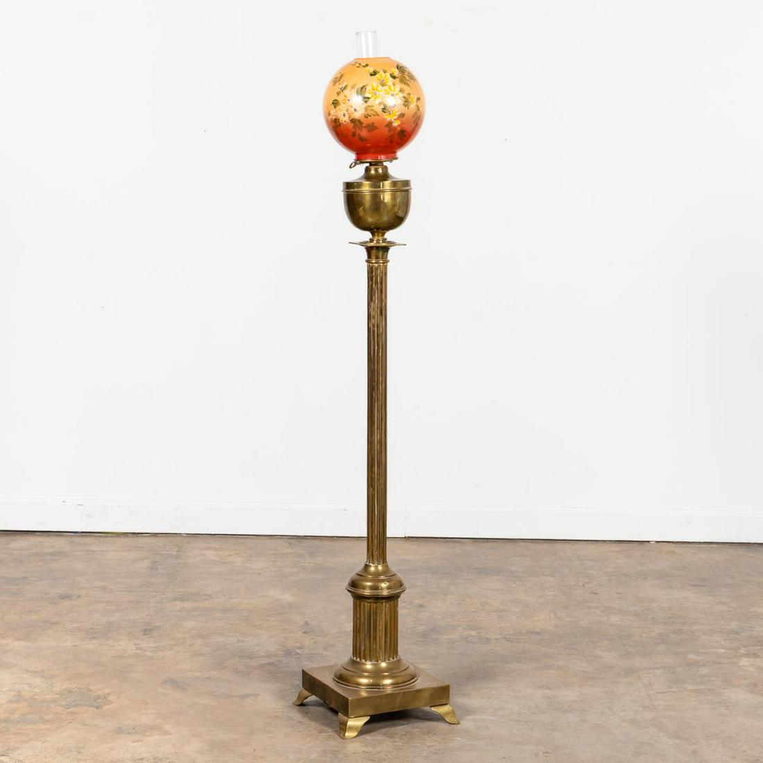 L. 19TH C. VINTAGE BRASS PARLOR FLOOR LAMP & SHADE (1 of 6)