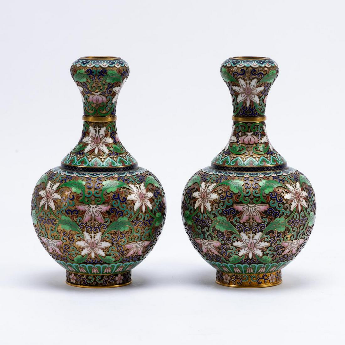 PAIR, CHINESE CLOISONNE LOTUS SUANTOUPING VASES (1 of 5)