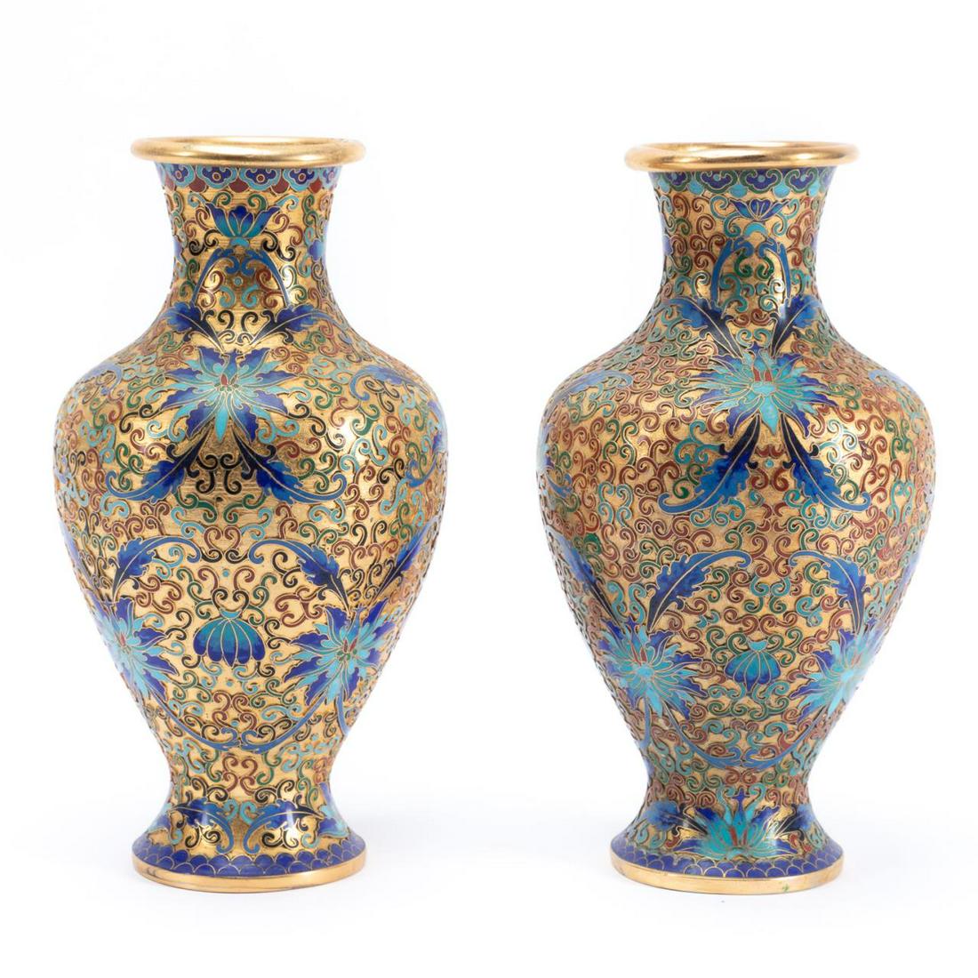 PAIR, CHINESE LOTUS PATTERNED CLOISONNE VASES (1 of 6)