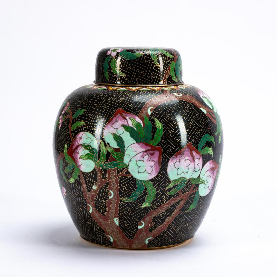 CHINESE BLACK CLOISONNE FRUIT MOTIF GINGER JAR: Chinese. Black cloisonne lidded ginger jar with prunus and bat motif. Apparently unsigned. Approx. h. 9.625".