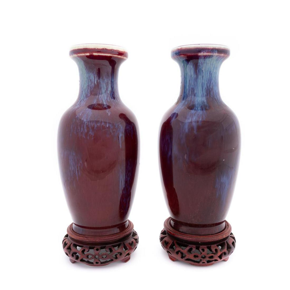PAIR, CHINESE SANG DE BOEUF FLAMBE VASES ON STANDS (1 of 6)