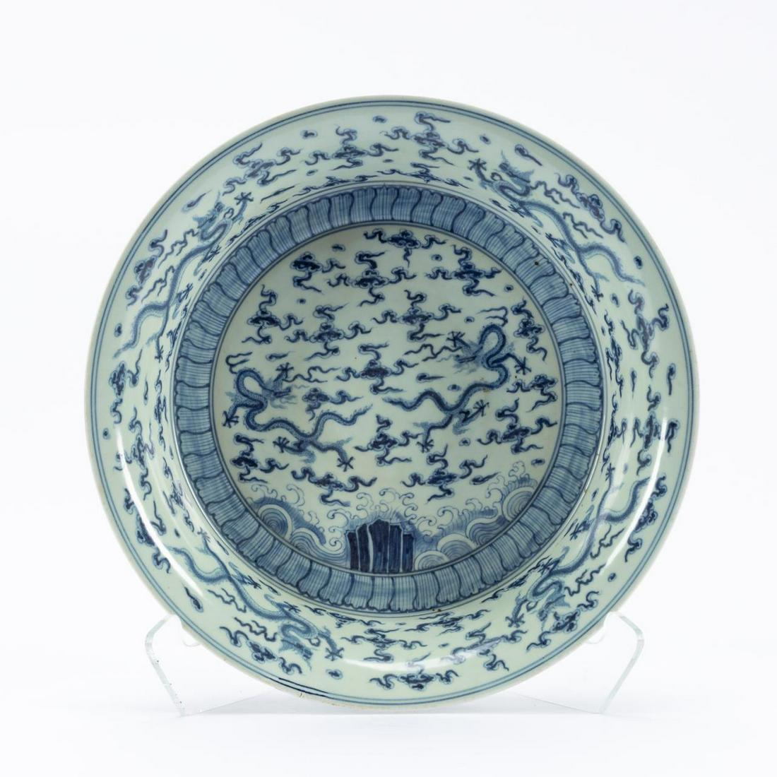 CHINESE BLUE & WHITE LARGE BAT & DRAGON BASIN (1 of 5)