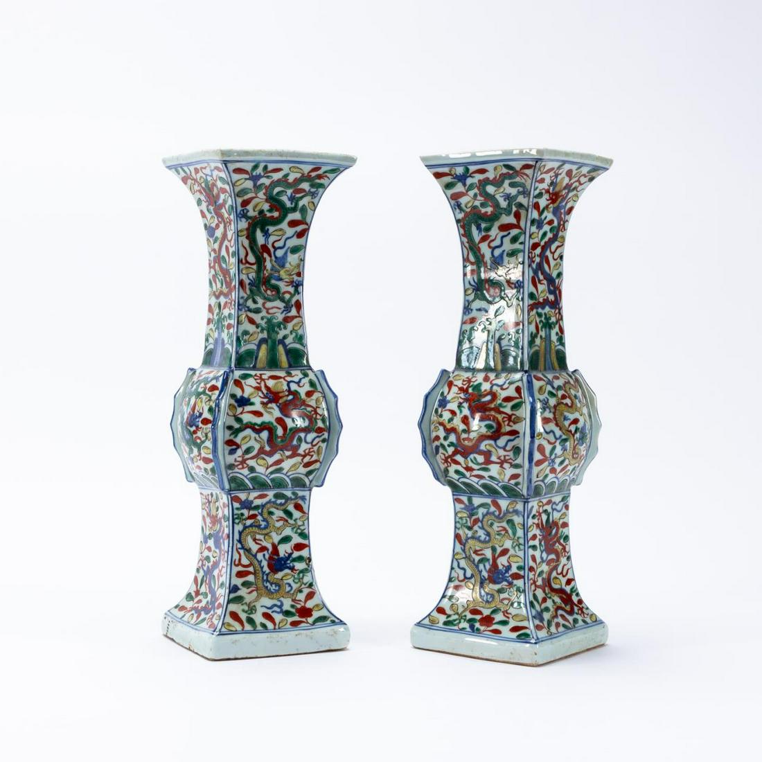 PAIR, CHINESE WUCAI GLAZED DRAGON GU VASES (1 of 7)