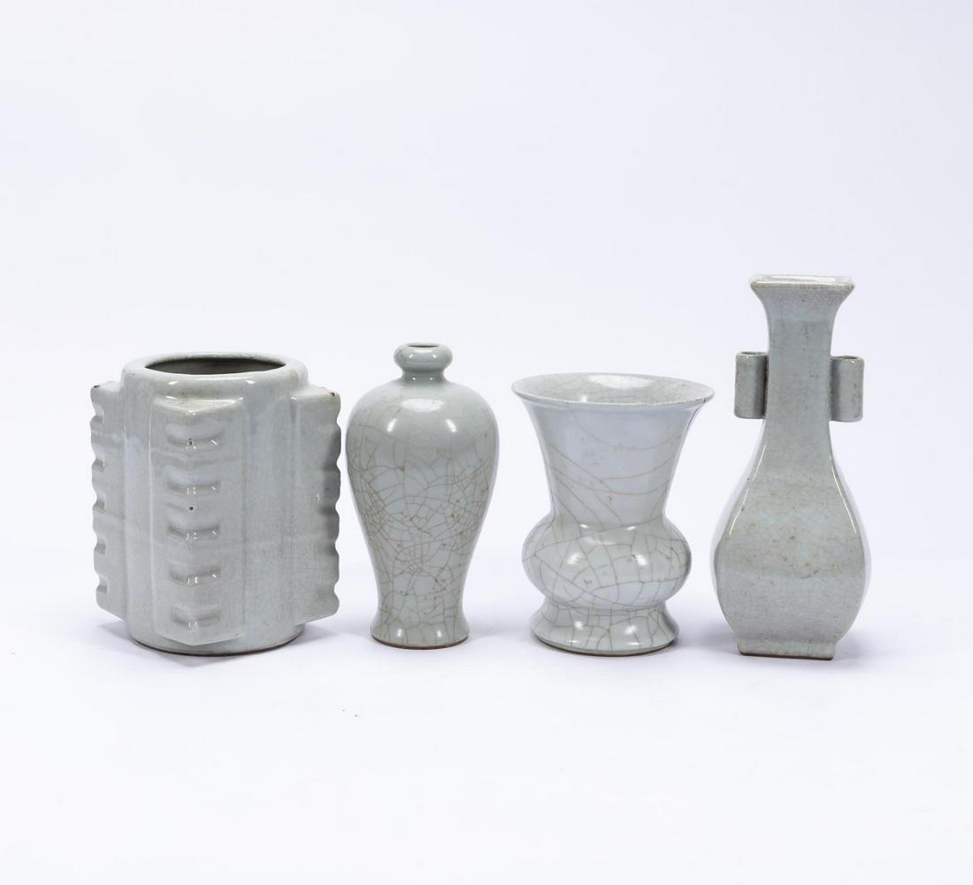 FOUR, CHINESE CELADON GLAZED CRACKLE GLAZE VASES (1 of 7)