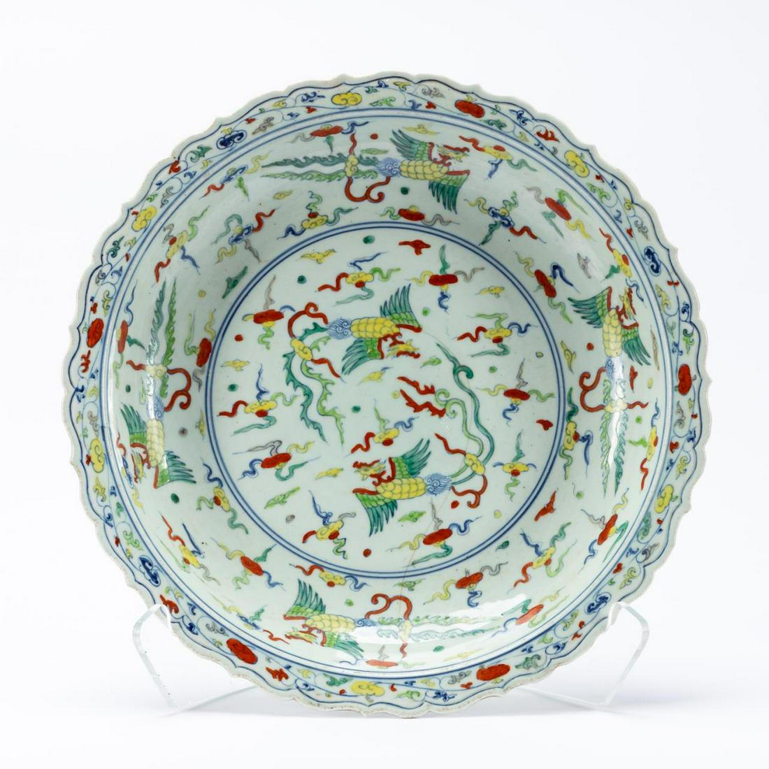 CHINESE WUCAI GLAZED PHOENIXES & BATS CHARGER (1 of 5)