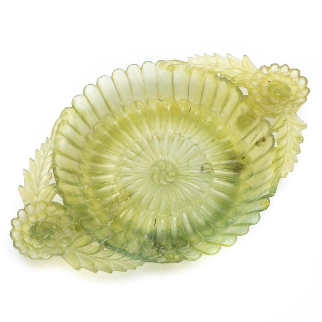 CHINESE LIGHT GREEN HARDSTONE FLORAL HANDLED DISH (1 of 6)