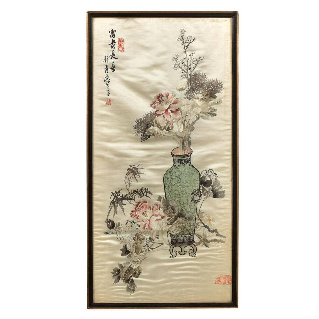 FRAMED SILK EMBROIDERY W/ ALTAR VASE AND FLOWERS (1 of 7)