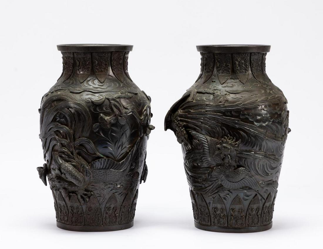 PAIR, JAPANESE PHOENIX MEIJI TYPE BRONZE URNS (1 of 7)