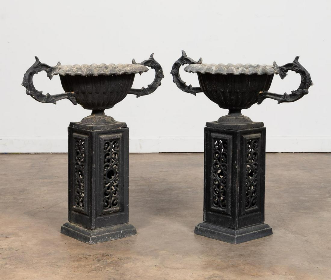 PAIR, VICTORIAN STYLE CAST ALUMINUM GARDEN URNS (1 of 4)