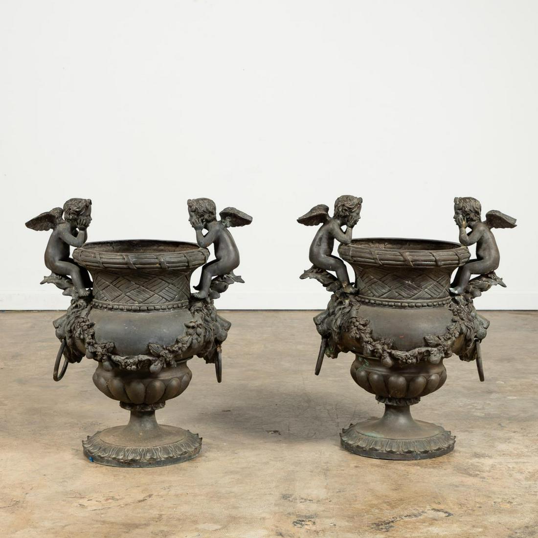 PAIR, BRONZE DOUBLE CHERUB FLORAL GARDEN URNS (1 of 6)