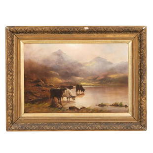 NILS CHRISTIANSEN, EUROPEAN LANDSCAPE, FRAMED: Nils Hans Christiansen (Danish, 1850-1922). "Mountain Landscape with Cows", oil on canvas, Signed lower left. Approx. 29.5" x 39.5" (frame), 20" x 30" (canvas)