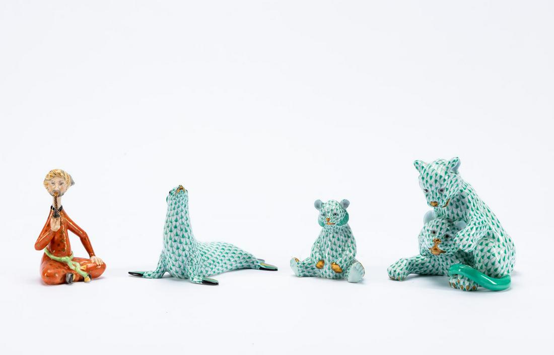 4 PCS HEREND PORCELAIN FIGURINES, GREEN FISHNET (1 of 7)