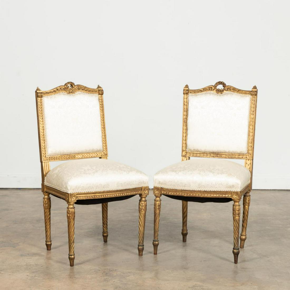 PAIR, LOUIS XVI STYLE CARVED GILTWOOD SALON CHAIRS (1 of 6)