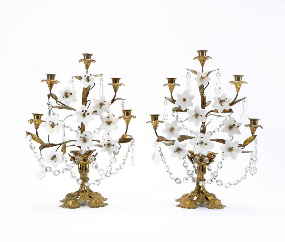 PAIR, FRENCH GILT, MILK GLASS & CRYSTAL CANDELABRA (1 of 5)