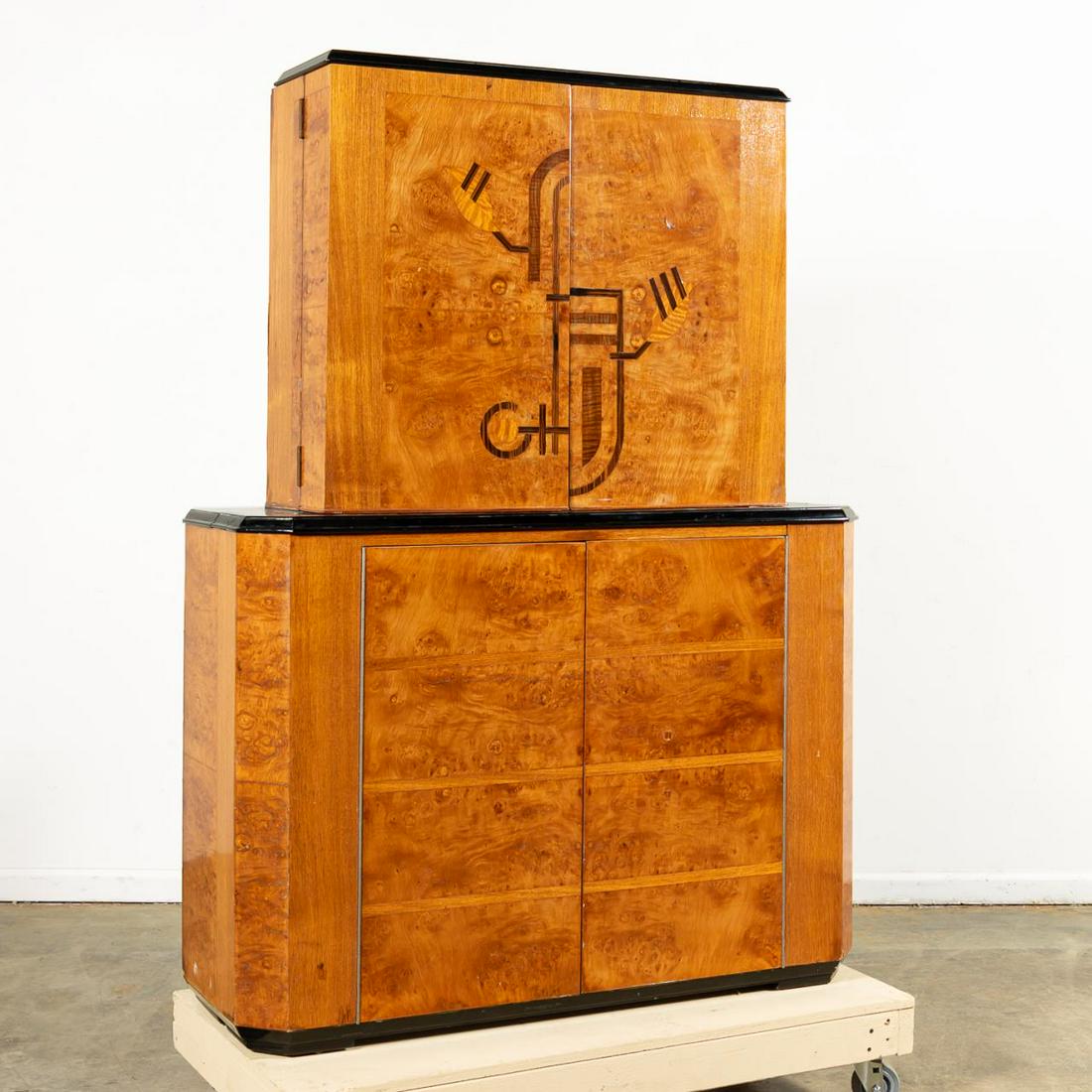 ART DECO BURL WOOD INLAID BAR CABINET, C. 1934 (1 of 9)