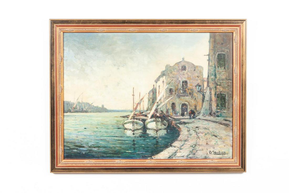 A. TARDIEU, OIL ON CANVAS HARBOR SCENE W/ BOATS (1 of 4)