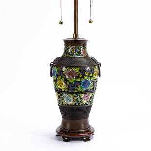 MARBRO LAMP COMPANY, CLOISONNE VASE TABLE LAMP: Marbro Lamp Company, 20th century. Patinated metal cloisonne vase with ringed masque handles and wooden base fitted as two light lamp. Paper label on bottom of vase, Marbro label between sockets. Appr