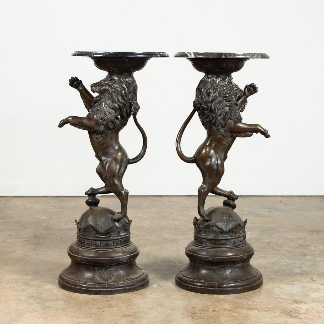 PAIR, BRONZE LION PEDESTALS W/ MARBLE TOPS, SIGNED (1 of 8)