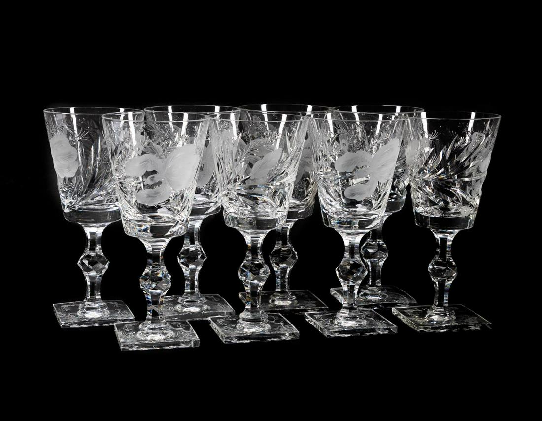 SET, EIGHT HAWKES "SATIN IRIS" CUT GLASS GOBLETS (1 of 5)