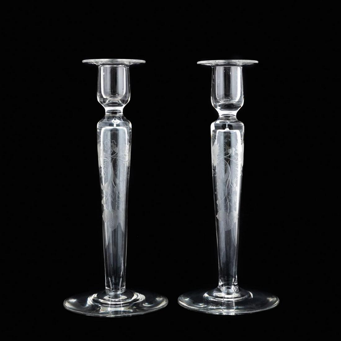 PR., HAWKES ENGRAVED GLASS GRAPEVINE CANDLESTICKS (1 of 5)
