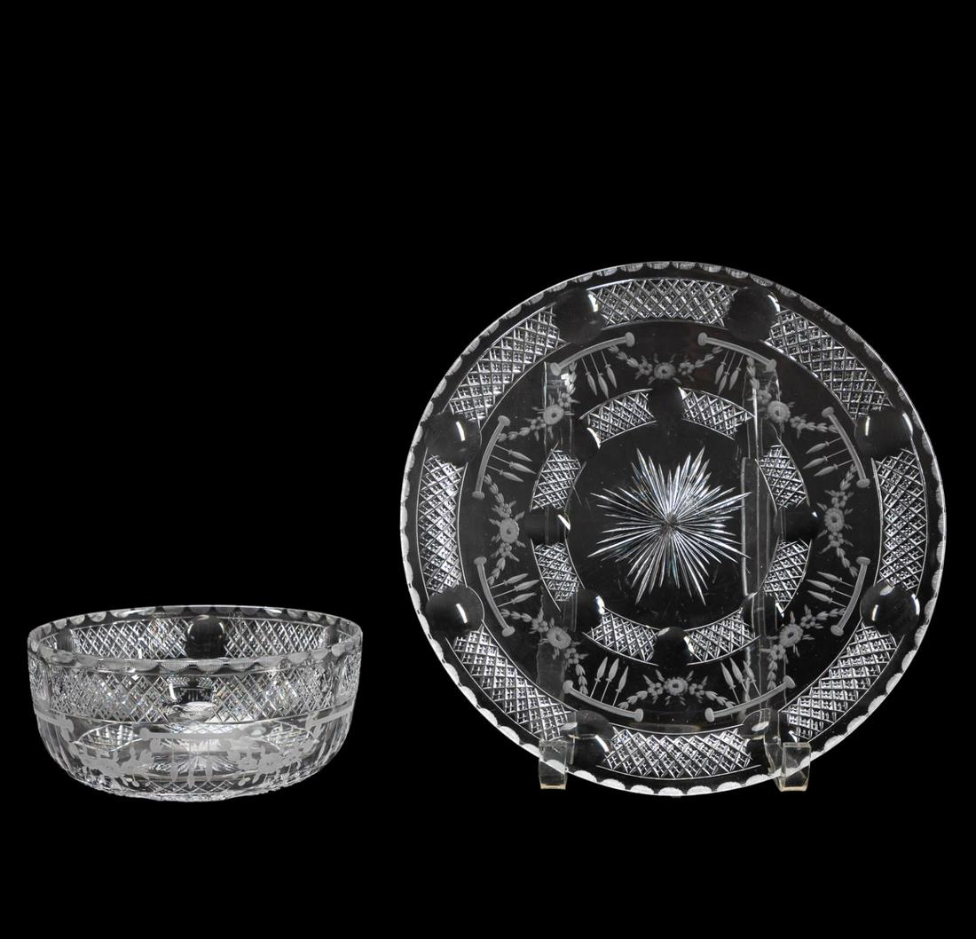 2PC HAWKES CUT CRYSTAL "ROSE GARLAND" BOWL & PLATE (1 of 5)