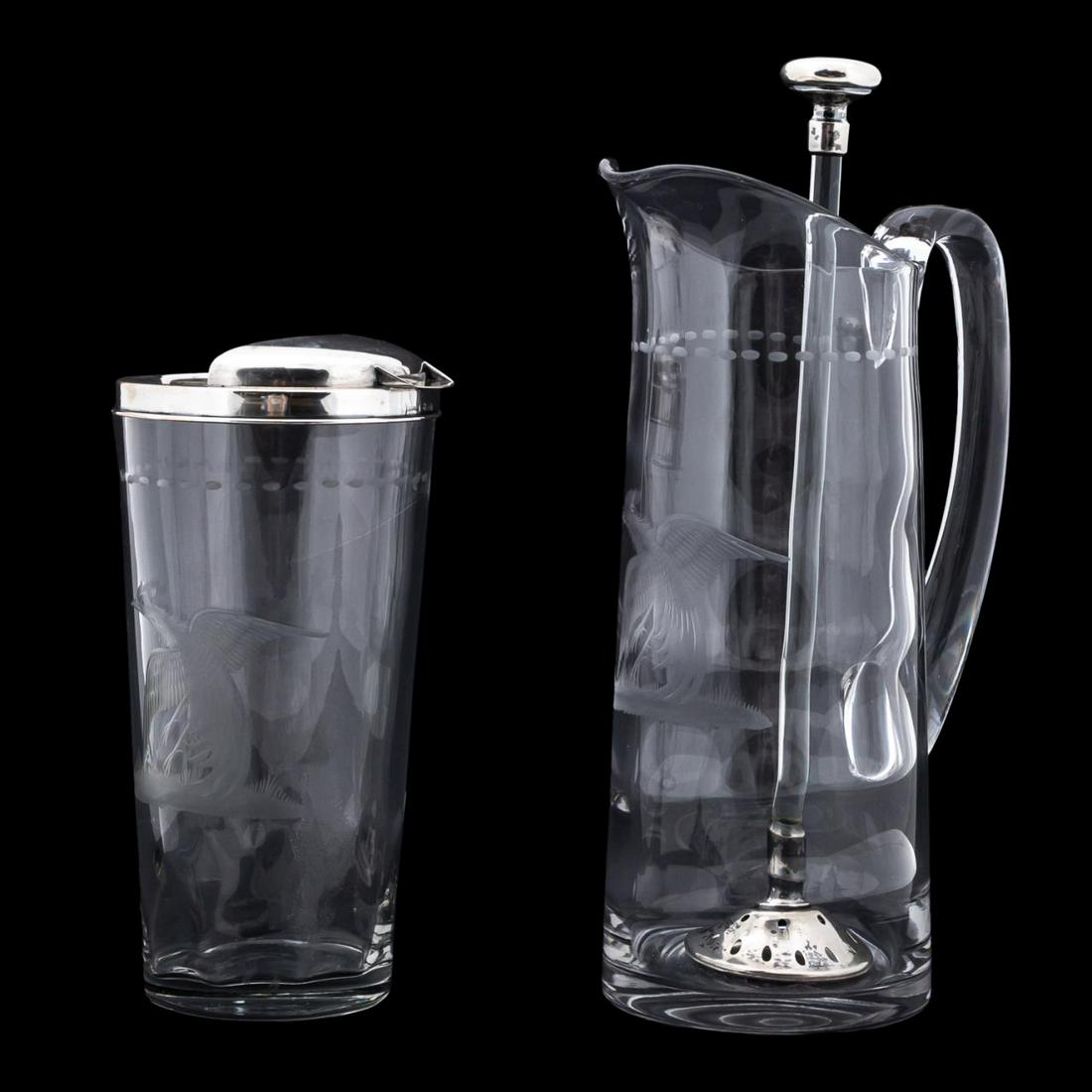 2 HAWKES GLASS PHEASANT MOTIF PITCHERS, 1 STERLING (1 of 10)