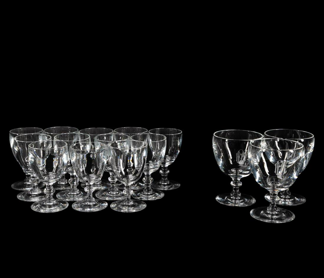 SET, 15 STEUBEN CRYSTAL WHITE WINE & WATER GOBLETS: Steuben (American), second quarter 20th century. Group of fifteen colorless crystal goblets comprising of three water and twelve white wine glasses with knop stem and wafer foot. Pattern 6268. Accompa