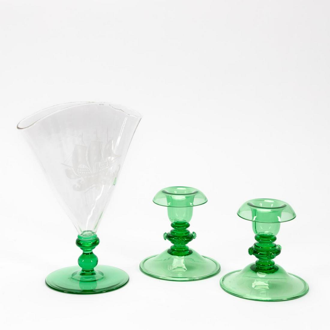 CARDER STEUBEN POMONA FAN VASE & PR. CANDLESTICKS (1 of 7)
