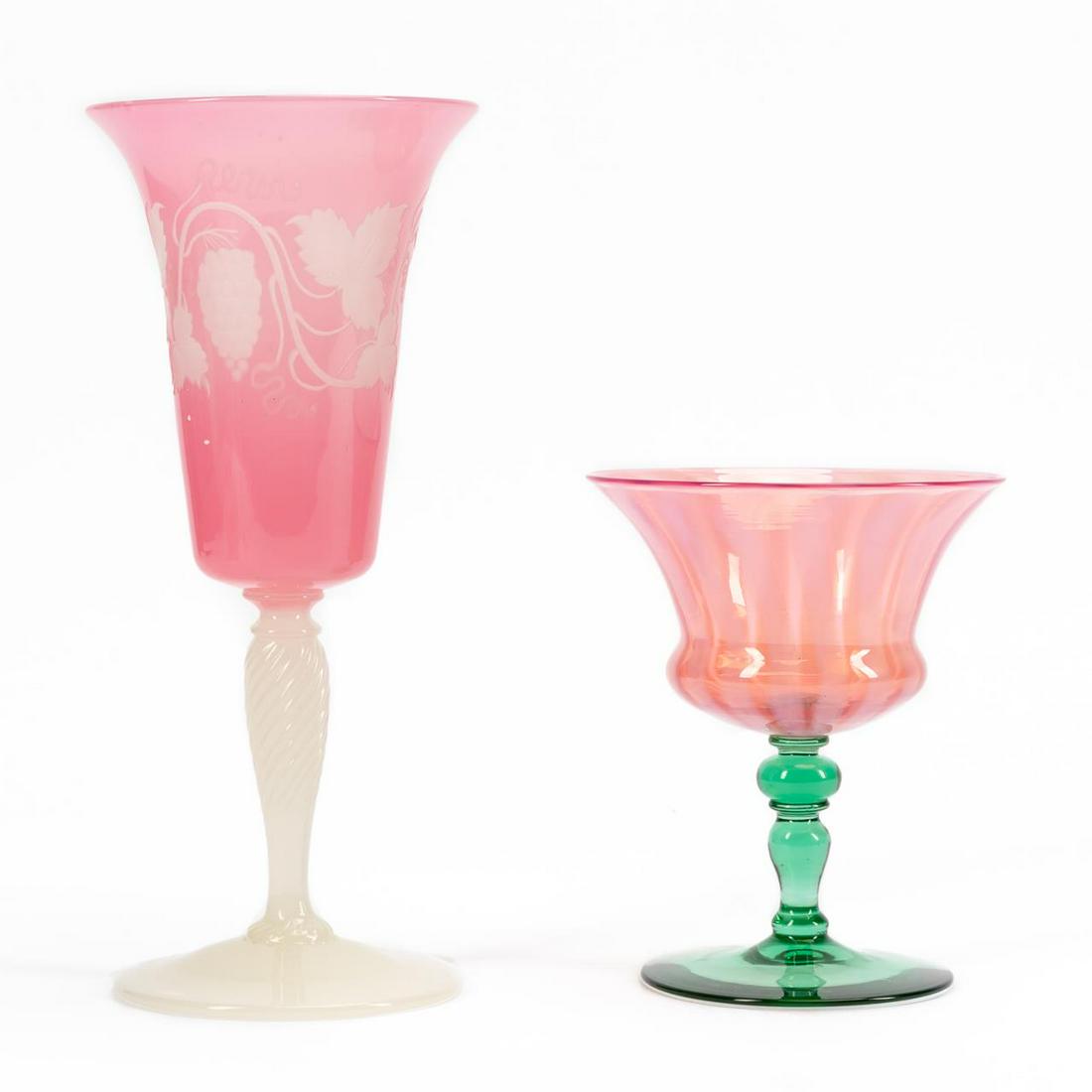 CARDER STEUBEN PINK ART GLASS STEMWARE, 2PCS: Steuben (American), mark used 1903-1933. Group of two pieces of pink leaded art glass stemware comprising a goblet (shape 3551) with Rosaline over Alabaster flared bowl with engraved "Etruscan" grapev