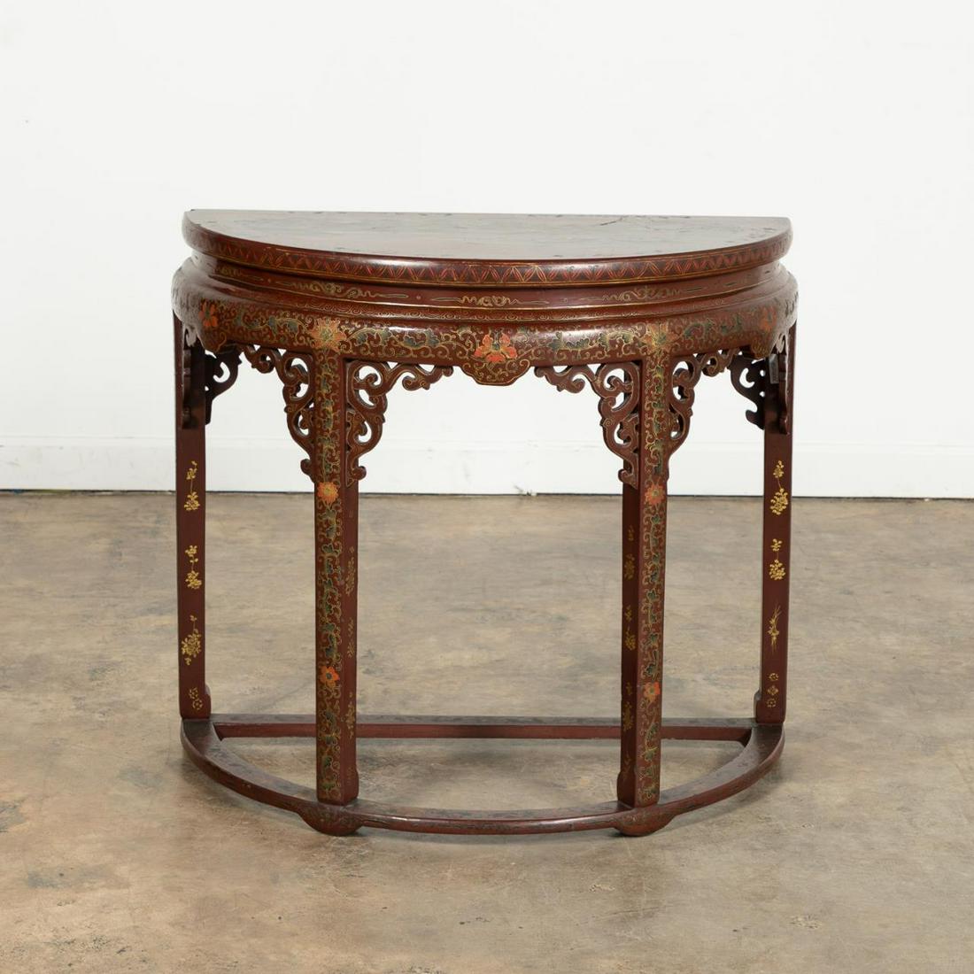 CHINESE RED LACQUERED DEMILUNE TABLE, LANDSCAPE (1 of 7)