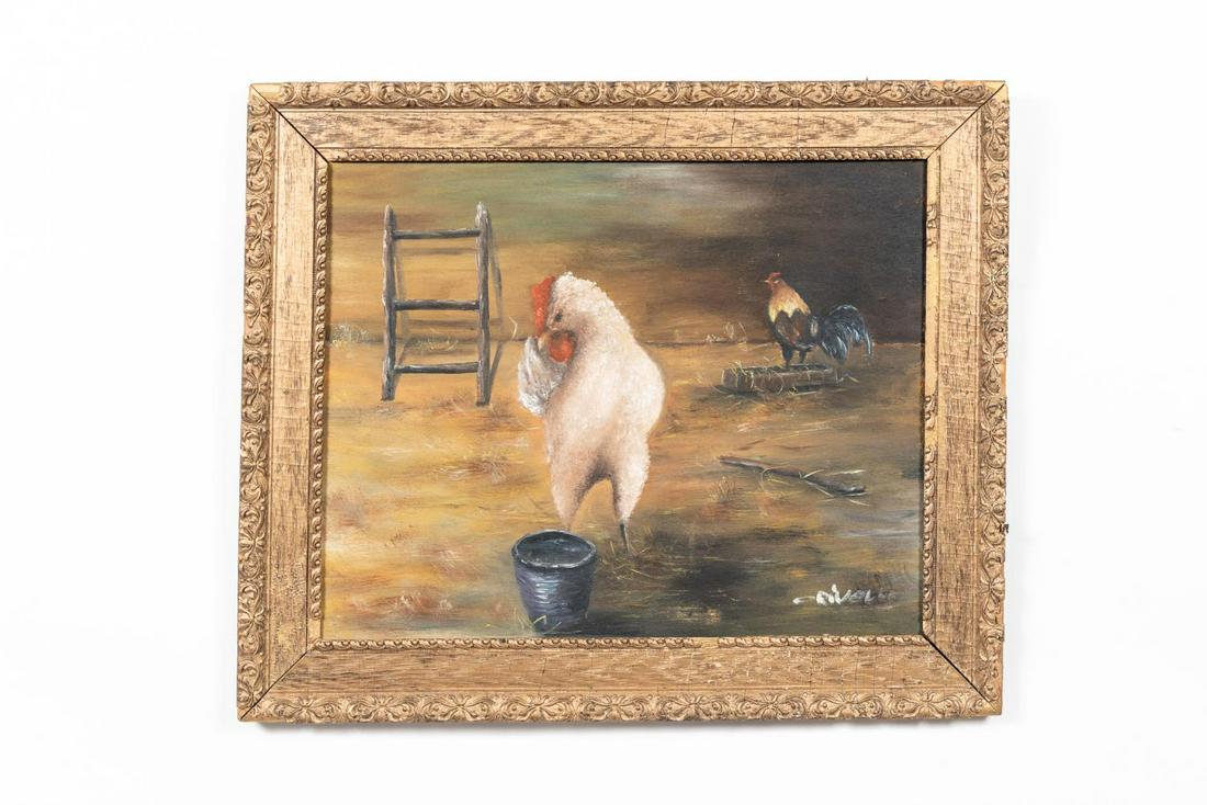 CHICKEN AND ROOSTER OIL ON PANEL, SIGNED (1 of 5)