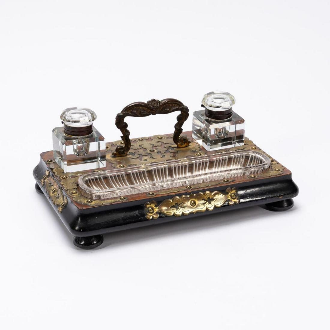 19TH C. ENGLISH BRASS BOUND WALNUT INKSTAND (1 of 7)